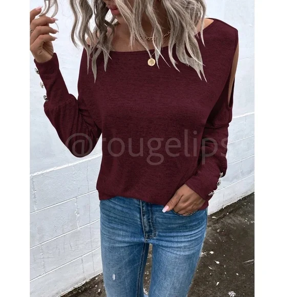 Burgundy One Cold Shoulder Asymmetric Boat Neck Long Sleeve Tee Shirt - Picture 6 of 9
